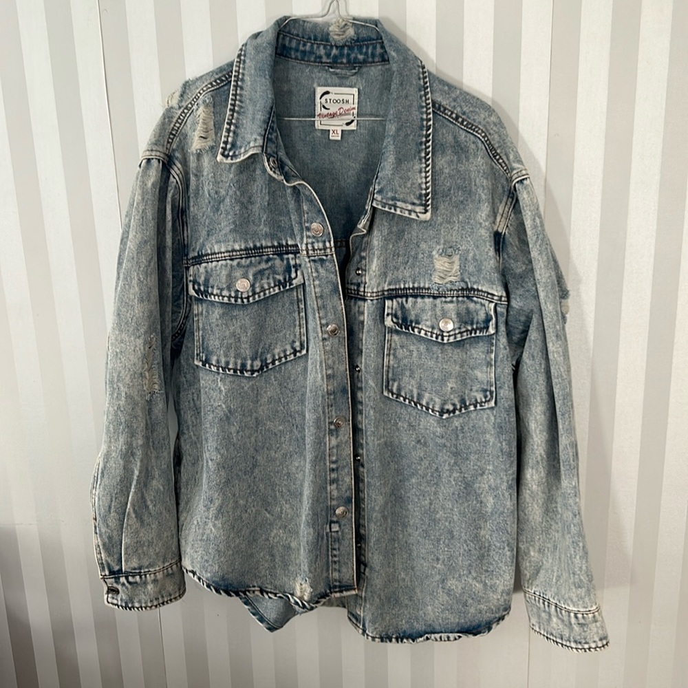 Distressed stoosh vintage denim shirt jacket